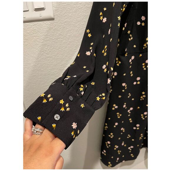 LOFT Floral Tie Neck Long Sleeves Flare Mini Black Dress - Picture 5 of 6